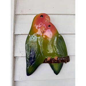 Vintage 90s Ceramic Lovebirds Wall Plaque With Hooks Tropical Kitschy
